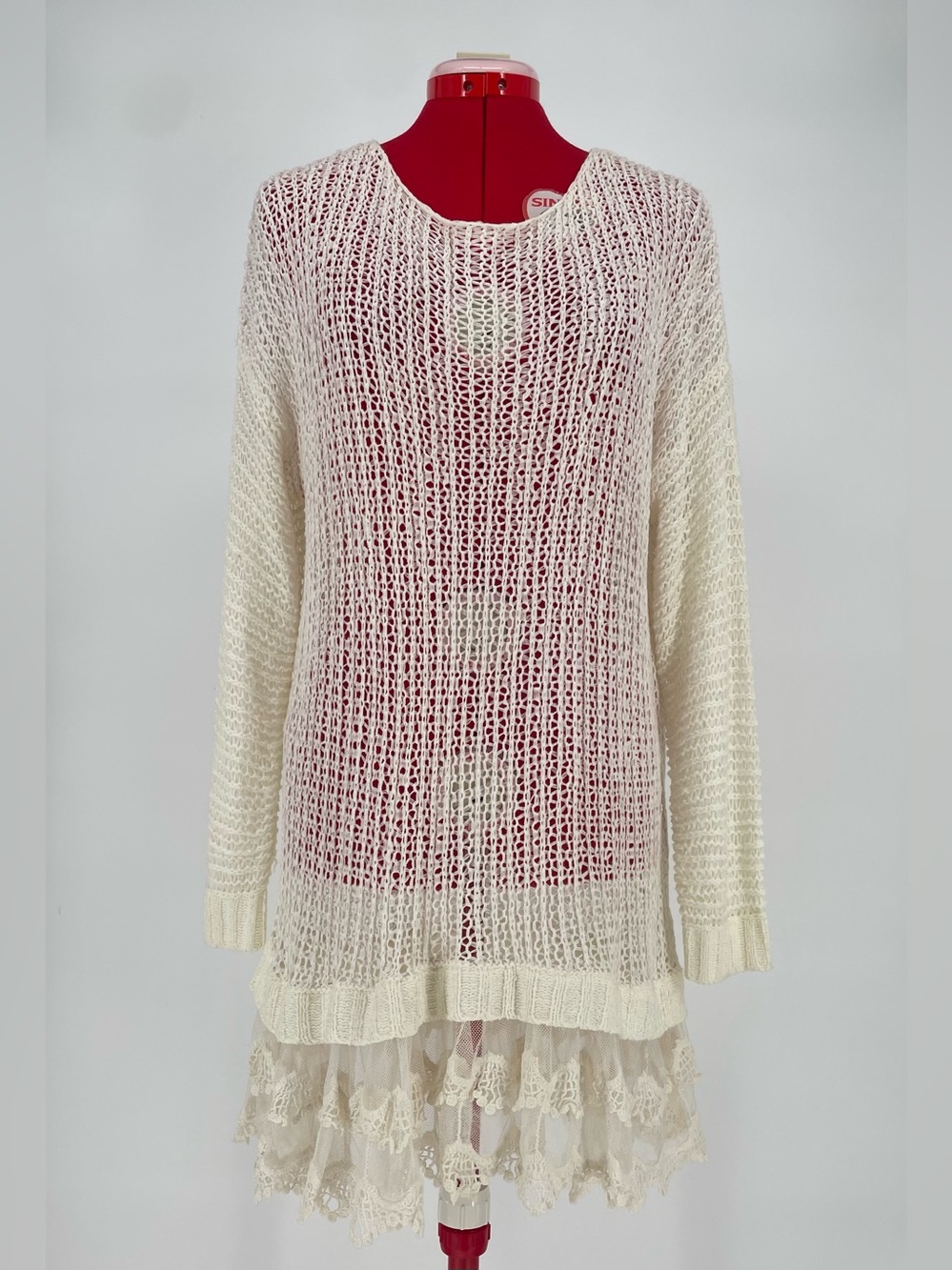 Entro Off White Open Knit Cottagecore Long Tunic Sweater Layered Lace Hem
